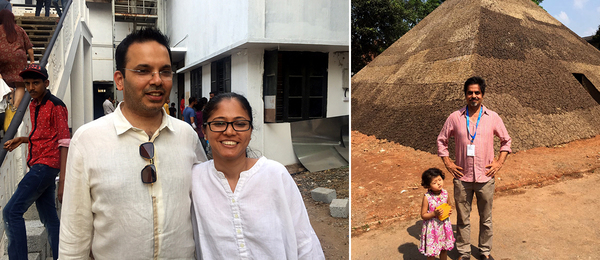 左：建筑师Rajiv Saini和艺术家Shilpa Gupta. （除特殊标明，全文摄影：Beth Citron）；右：艺术家-策展人Sudarshan Shetty及其女儿在《流亡诗人金字塔》前.（摄影： Ashiesh Shah）