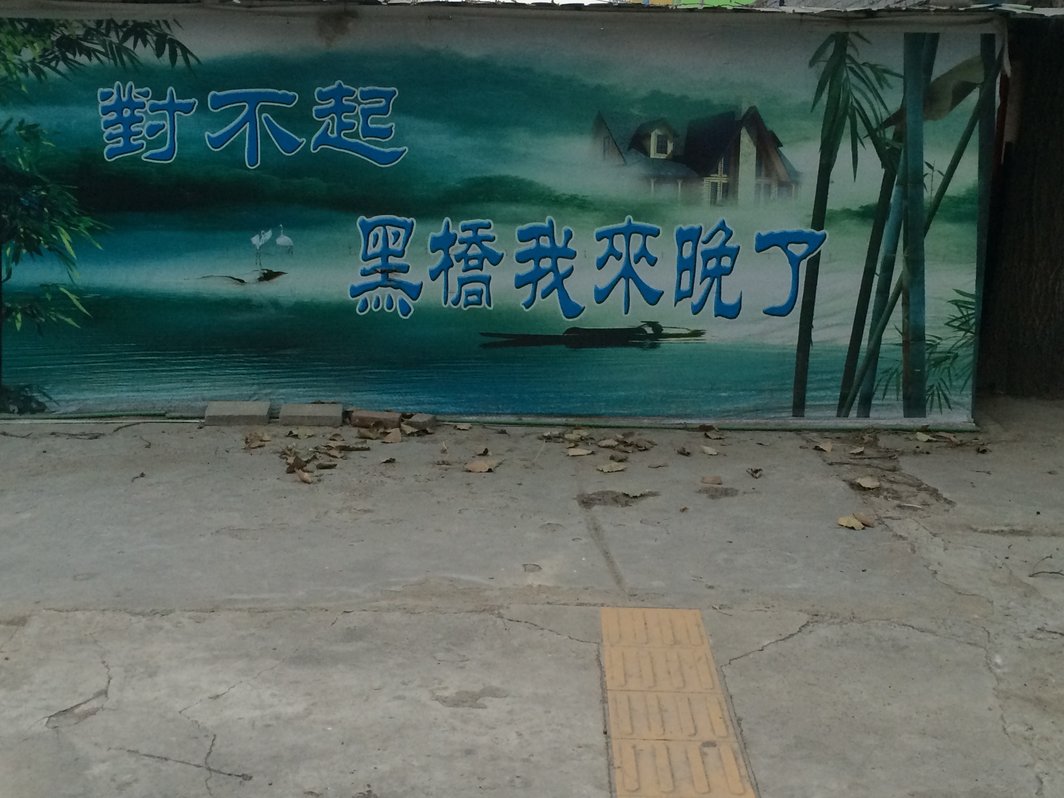 “对不起黑桥我来晚了”，黑桥最灿烂的已被清退的蓝房子酒吧萧瑟，剩下盖在原址的文艺的塑料标语.