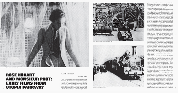 《艺术论坛》杂志1973年6月刊跨页. 安内特·米歇尔森，《罗斯·霍巴特和佛先生：来自乌托邦公园路的早期电影（Rose Hobart and Monsieur Phot: Early Films from Utopia Parkway）》.