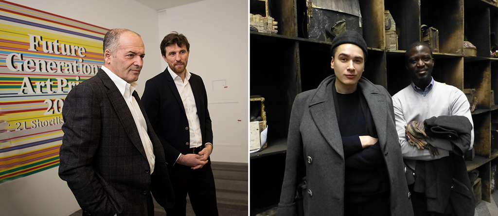 左：平丘克艺术中心创始人Victor Pinchuk和艺术总监Bjorn Geldhof. （摄影：Sergey Ilin，平丘克艺术中心）；右：艺术家Nikita Kadan与未来世代艺术奖候选人Ibrahim Mahama.