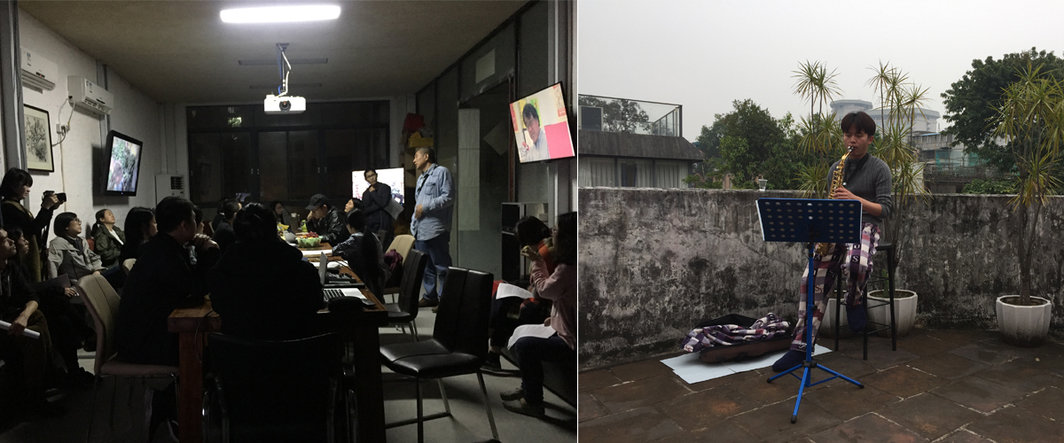 左：艺术家徐坦讲座在顶上项目；右：钟嘉玲作品《驯服》表演现场.