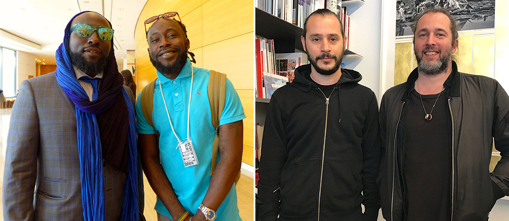 左：第十四届文献展特邀策展人Bonaventure Soh Bejeng Ndikung 和艺术家/电台记者Tito Valery；右：艺术家Nikolas Ventourakis和Panos Tsagaris.