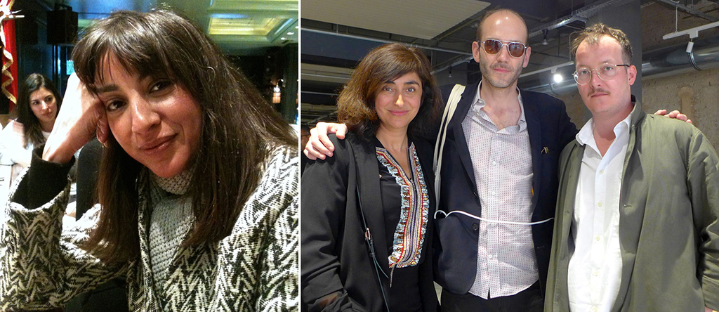 左：艺术家Bouchra Khalili；右：艺术家Nevin Aladag和平面设计师Ludovic Balland以及Portikus策展人Fabian Schöneich.