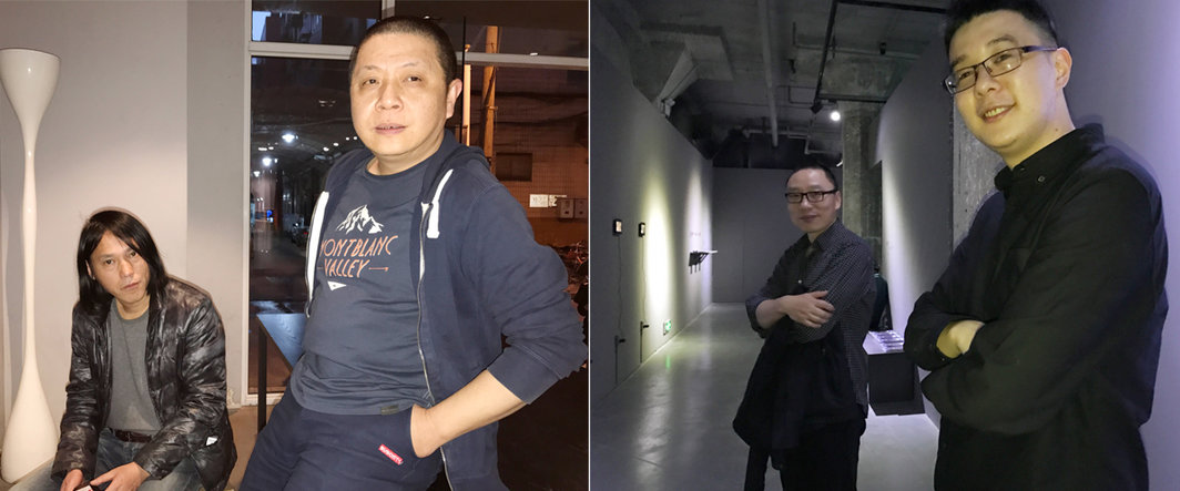 左：艺术家余极与金锋；右：上海外滩美术馆的刘迎九与OCAT上海馆的陶寒辰.