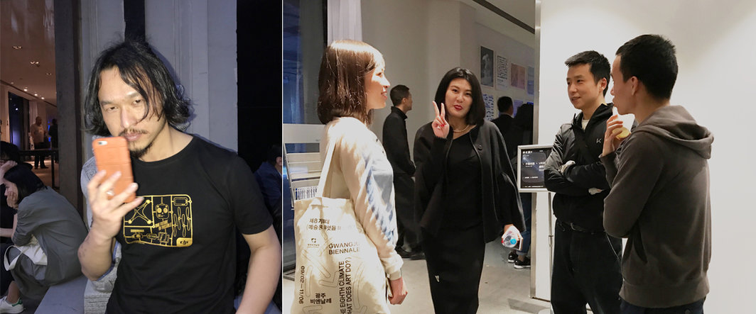 左：艺术家吴珏辉；右：《ArtReview Asia》的范妮，“朋友圈+”展览媒体联系人袁嘉敏，艺术家周思维与万杨.