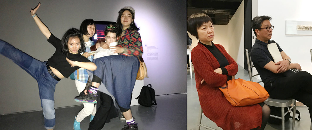 左：艺术家王欣（左二）与Basement6创办人艺术家Katy Roseland（左三）及好友；右：艺术家汤南南（右）.