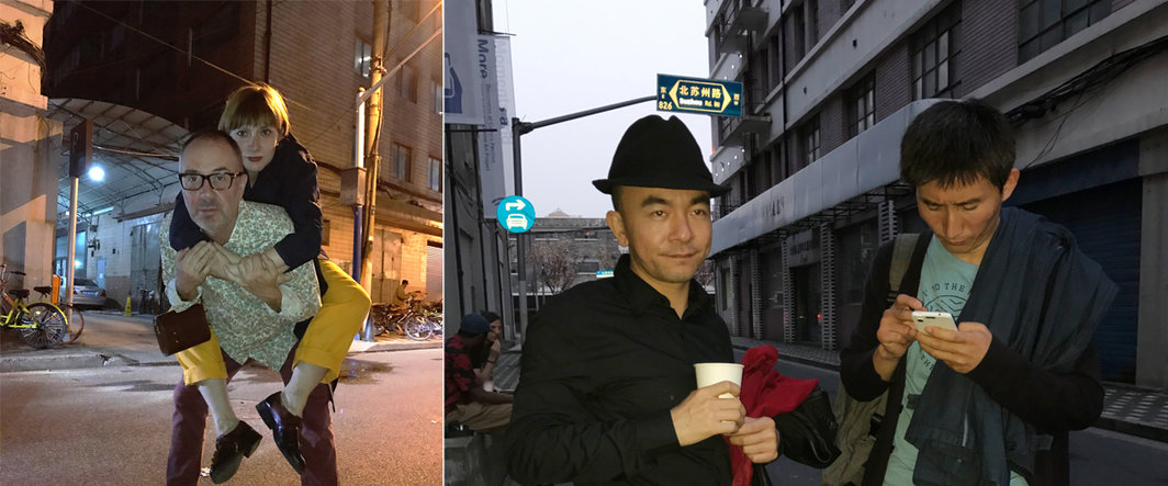 左：歌手Lena Kilina（女）与友人；右：艺术家吴俊勇与艺术家张辽源.