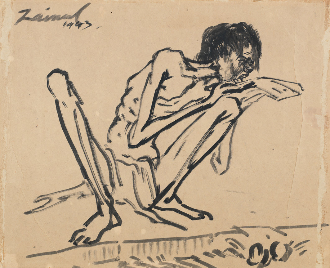 赞努尔·阿贝丁，《饥饿素描》，1943，纸上墨水，43 × 56.5 cm.
