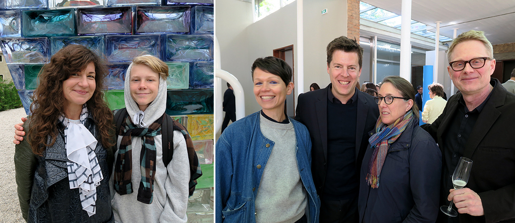 左：艺术家Frances Stark与她的儿子Arlo；右：艺术家Carol Bove，策展人Philipp Kaiser，以及瑞士馆艺术家Teresa Hubbard与Alexander Birchler.