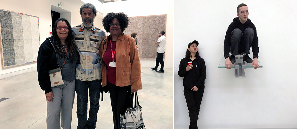 左：电影人Linda Goode Bryant与艺术家McArthur Binion与Senga Nengudi；右：德国馆艺术家Anne Imhof与表演者Mickey Mahar（摄影：David Velasco）.
