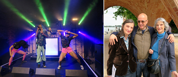 左：Big Freedia在美国馆晚宴上的表演；右：《Parkett》杂志联合创始人Bice Curiger，Beyeler基金会总监Sam Keller，与《Parkett》杂志联合创始人Jacqueline Burckhardt.