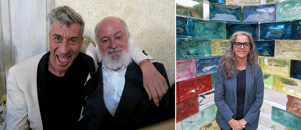左：艺术家Maurizio Cattelan与画廊家Massimo De Carlo；右：艺术家Pae White.
