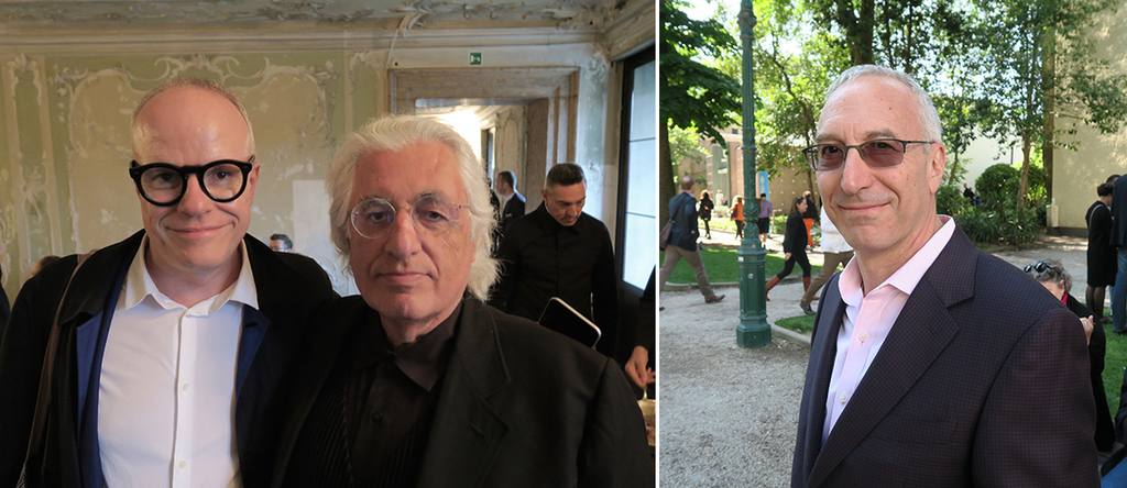 左：蛇形画廊艺术总监Hans Ulrich Obrist与Prada基金会艺术总监Germano Celant；右：Nasher雕塑中心总监Jeremy Strick.