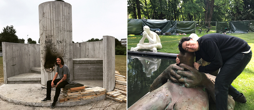 左：艺术家Oscar Tuazon与他的雕塑作品《烧掉模板》. （除特别标注以外，全文摄影: Alex Fialho），右：Nicole Eisenman和她的《为喷泉所做的草图》在步行街旁边的草坪上. （摄影：David Velasco）