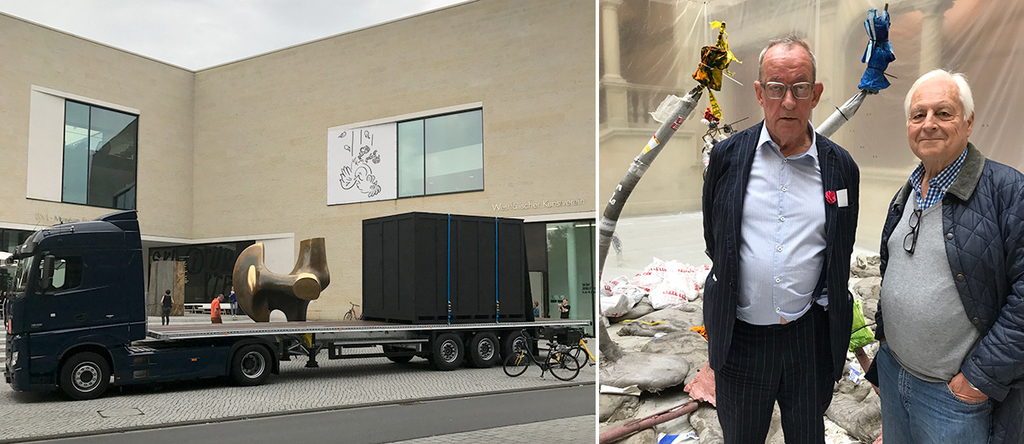 左：Cosima von Bonin和Tom Burr的《奔驰-博宁-伯尔》 和亨利·摩尔的《射手》在LWL州立艺术与文化博物馆. 右：明斯特雕塑展创始策展人Kasper König和Klaus Bußmann在Michael Dean的作品《Tender Tender》前.