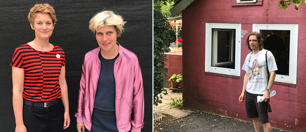 左：明斯特雕塑展策展人Marianne Wagner和Britta Peters. 右：Jeremy Deller在勃兰登堡市民租赁花园区的史莱伯花园内和他的作品《对大地说话，它会告诉你》（2007–2017）在一起.