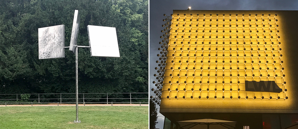 左：George Rickey的《三个旋转的方块》（1973）在州立公园内，右：Otto Piene的《银色频率》在LWL州立艺术与文化博物馆外墙.