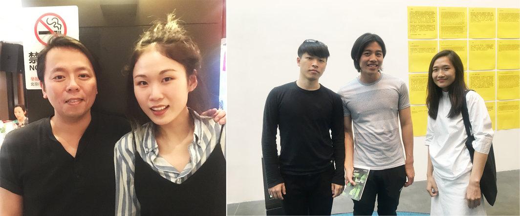 左：艺术家李杰与王思遨；右：艺术家杨牧石，陈庆东与策展人富源.