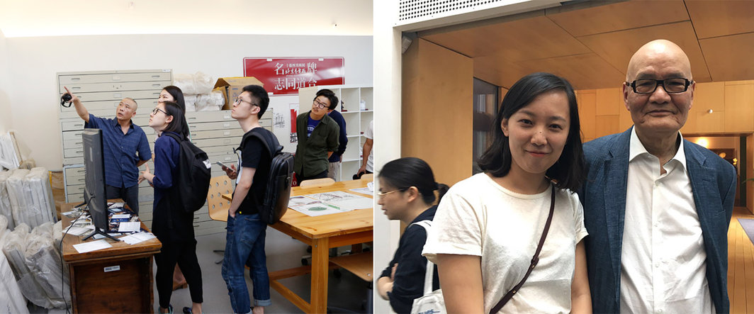 左：策展回应人王友身导览现场；右：艺术家郝敬班与郑胜天.