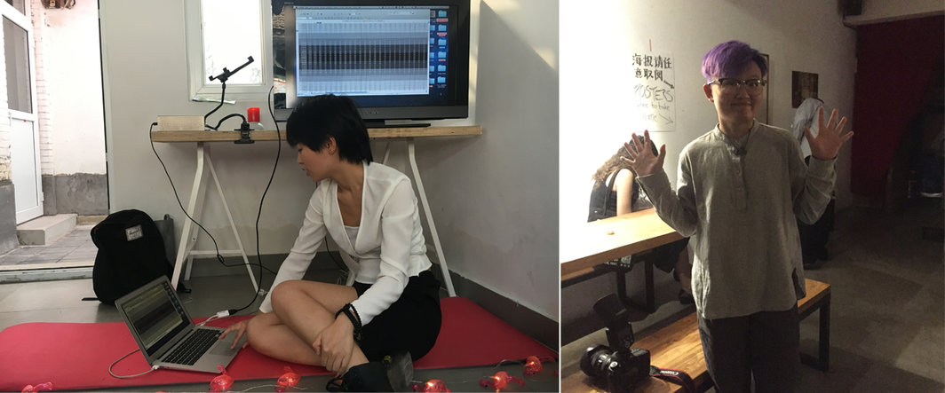 左：艺术家王竹馨在“数字新陈代谢Pecha Kucha”演讲现场；右：Q-space联合创始人毛衣.