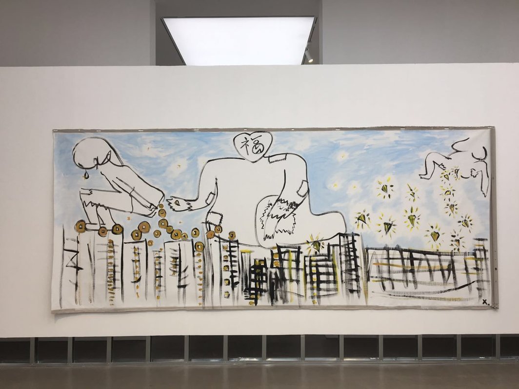 廖国核，《无题（眼泪 金钱 福 珠宝）》，2016，布面丙烯，186×450cm.