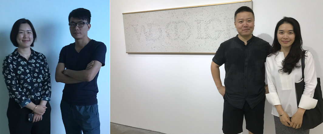 左：亚洲当代艺术空间展览总监姜毓芸与艺术家蔡回；右：艺术家王拓与艺术家陈哲.