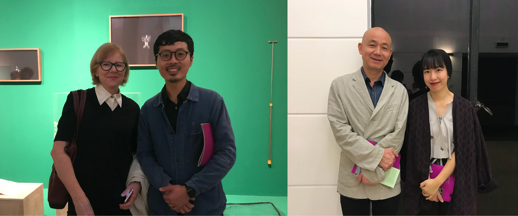 左：策展人与OCAT西安执行馆长凯伦·史密斯与艺术家赵仁辉；右：艺术家刘建华与艺术家于吉.