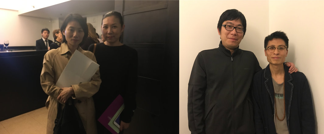 左：ArtReview Asia主编林昱与马凌画廊上海总监廖薇；右：艺术家徐震与艺术家李明.