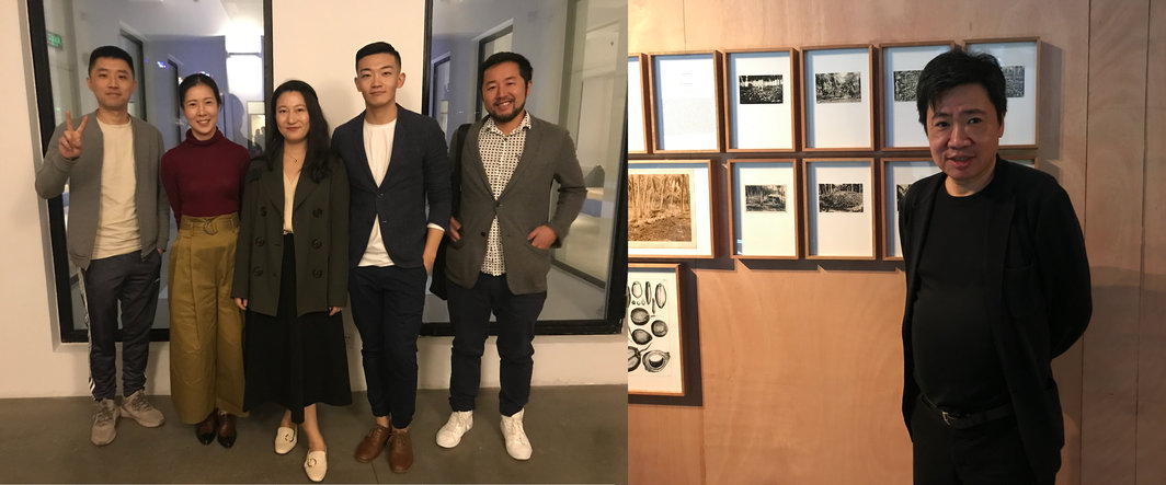 左：艺术家李竞雄，香港艺术中心艺术教育拓展总监胡玥，策展人武漠，策展人李棋，燃点联合创办人、主编何思衍（从左至右）；右：艺术家周铁海.