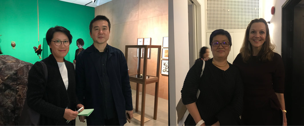左：东画廊负责人程曦行与收藏家乔志兵；右：艺术家林天苗与古根海姆策展人孟璐.