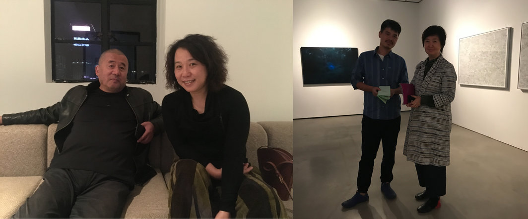 左：艺术家张培力与白立方画廊总监周晓雯（Laura Zhou）；右：艺术家张乐华与Vanguard Gallery负责人李力.