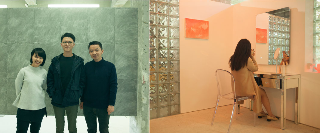 左：艺术家黎卓华，艺术家邝镇禧和“逆光：双城取样”策展人之一胡斌；右：“逆光：双城取样”现场黎卓华作品.