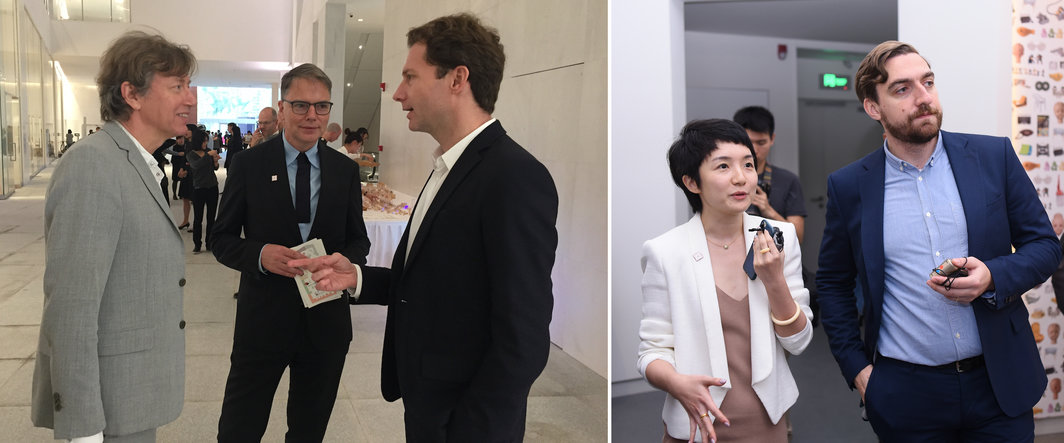 左：荷兰Thonik设计组联合创始人兼总监Thomas Widdershoven，设计互联馆长Ole Bouman，Vitra Design Museum总监Mateo Kries；右：设计互联馆长助理赵蓉和设计互联旗下V&amp;A展馆首席策展人柯鹿鸣（图片提供：设计互联）.