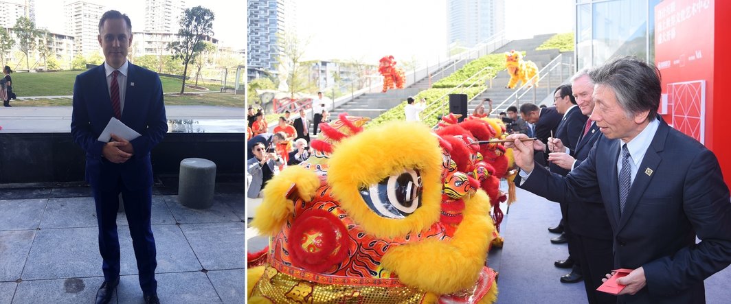 左：V&amp;A副馆长兼首席执行官Tim Reeve；右：设计互联开幕现场上中央美术学院院长范迪安等嘉宾进行醒狮点睛仪式（图片提供：设计互联）.