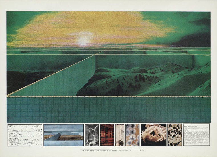 超级工作室，《十二座理想之城 第一城：2000吨城市》，1971，平版印刷，罗马国立二十一世纪艺术博物馆收藏.
