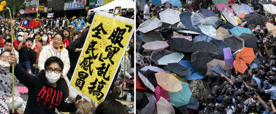 左：2014年3月台湾反服贸抗议现场，图片来源：AP；右：2014年底香港雨伞运动抗议现场，图片来源：Alex Ogle/AFP/Getty Images.