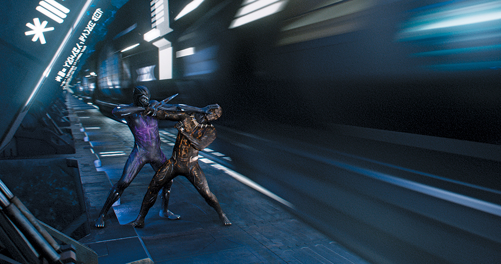 瑞恩·库格勒，《黑豹》，2018，4K影像，彩色，有声，134分钟；图为特查拉和瑞克·克尔芒戈.