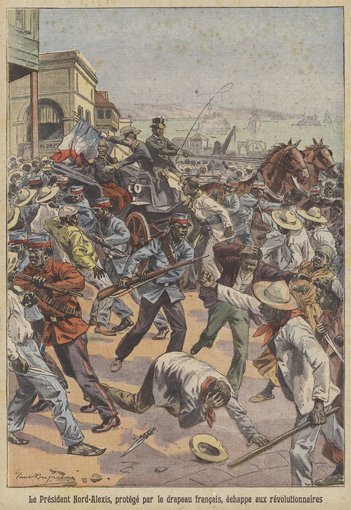 1908年12月20日的《小巴黎人》（Le Petit Parisien）内页，画面描绘了海地革命；绘图：Paul Dufresne.