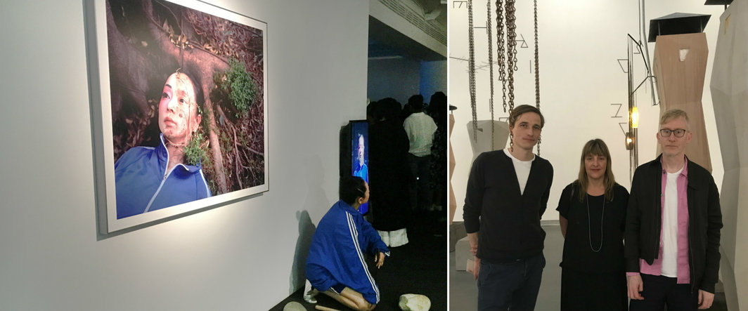 左：陈秋林个展“薄荷”表演现场；右：策展人Christian Ganzenberg、Tanya Bonakdar画廊的创始人Tanya Bonakdar、艺术家Martin Boyce.