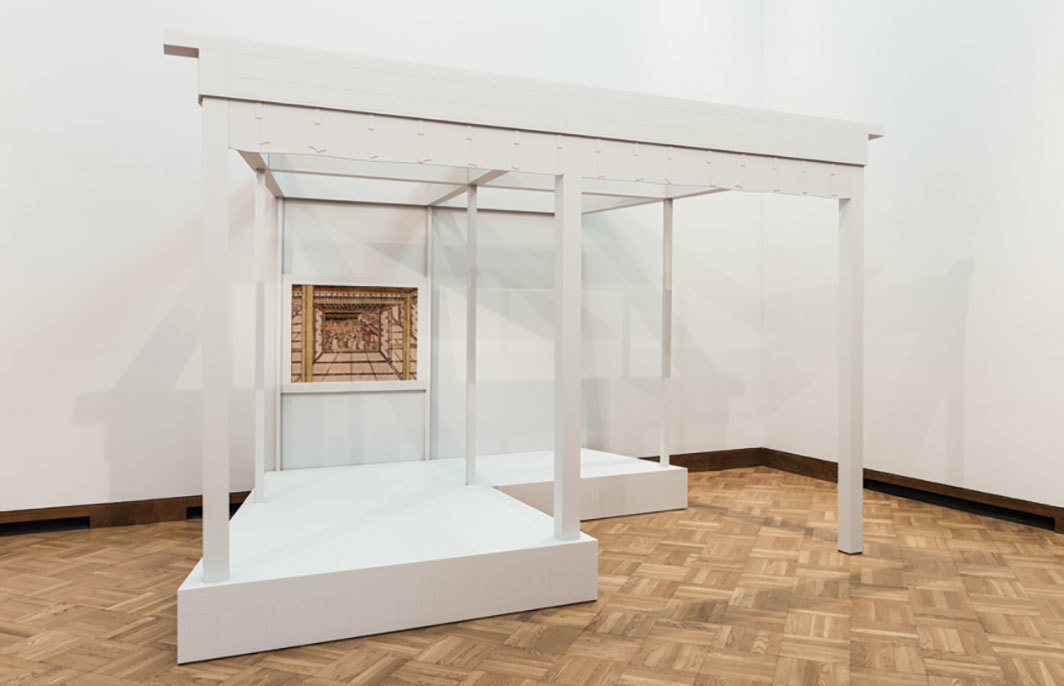 芭芭拉·布鲁姆，《渲染（高 x 宽 x 深 =）》，2018，混合媒介；展览现场，艾伦纪念美术馆，欧柏林学院，俄亥俄。摄影：Field Studio.