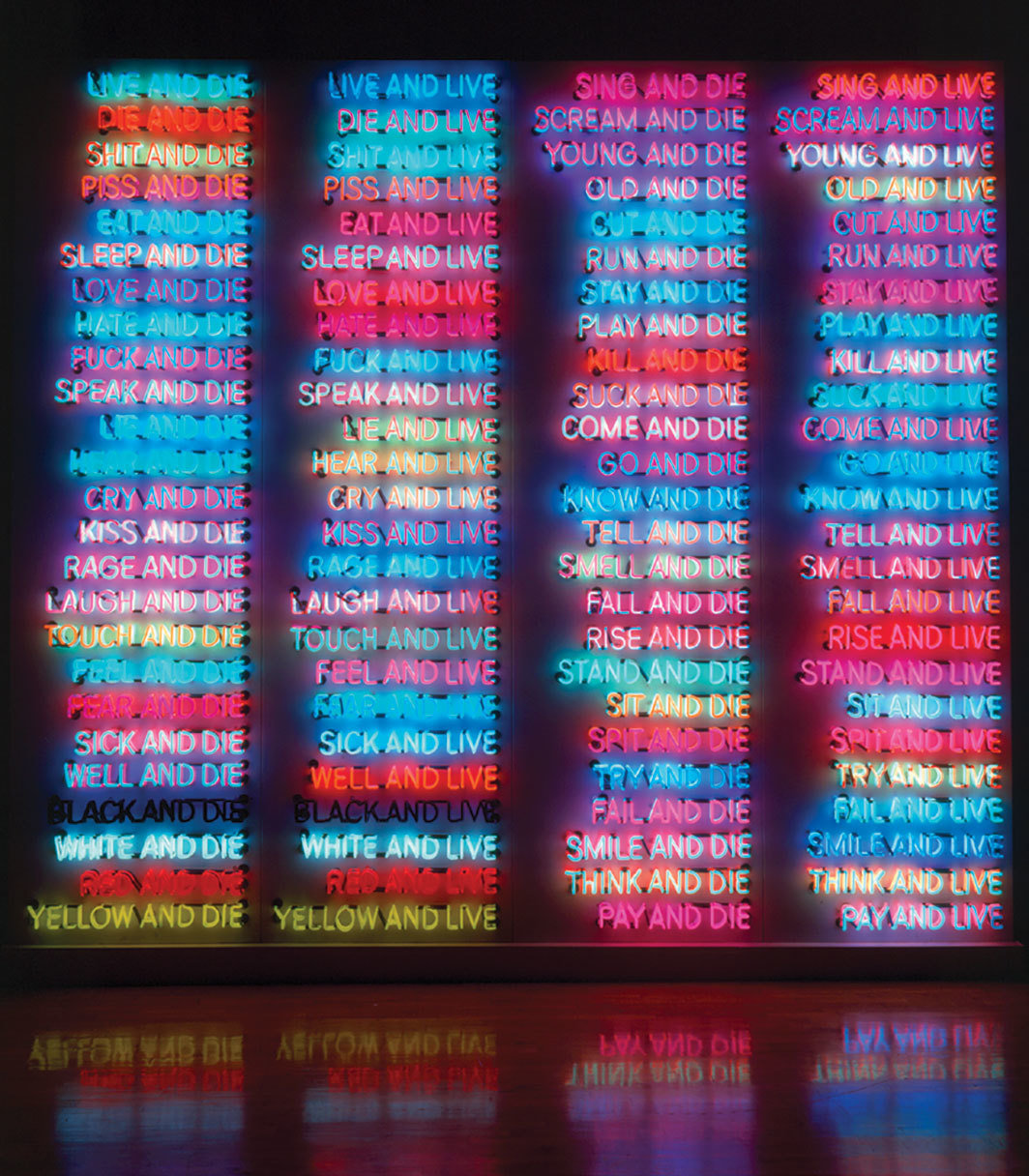 布鲁斯·瑙曼，《一百遍生存和毁灭》，1984，霓虹灯管和透明玻璃管安装于金属底板上，118 × 1321⁄2 × 21 英寸. 版权归布鲁斯·瑙曼/纽约艺术家版权协会所有.