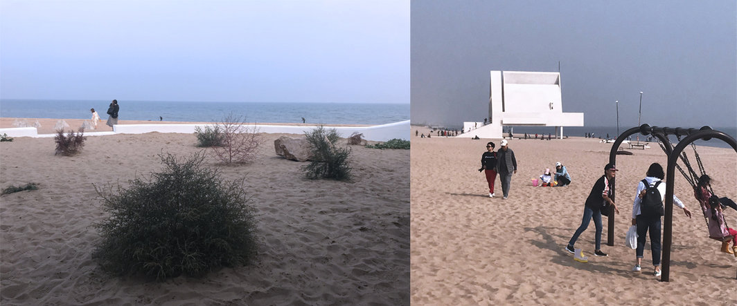 左：郑波作品；右：海滩上的游客.