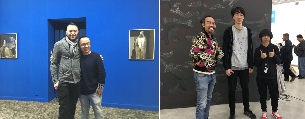 左：画廊家Enrico Polato和艺术家王海洋；右：艺术家胡向前，郭城和林奥劼.