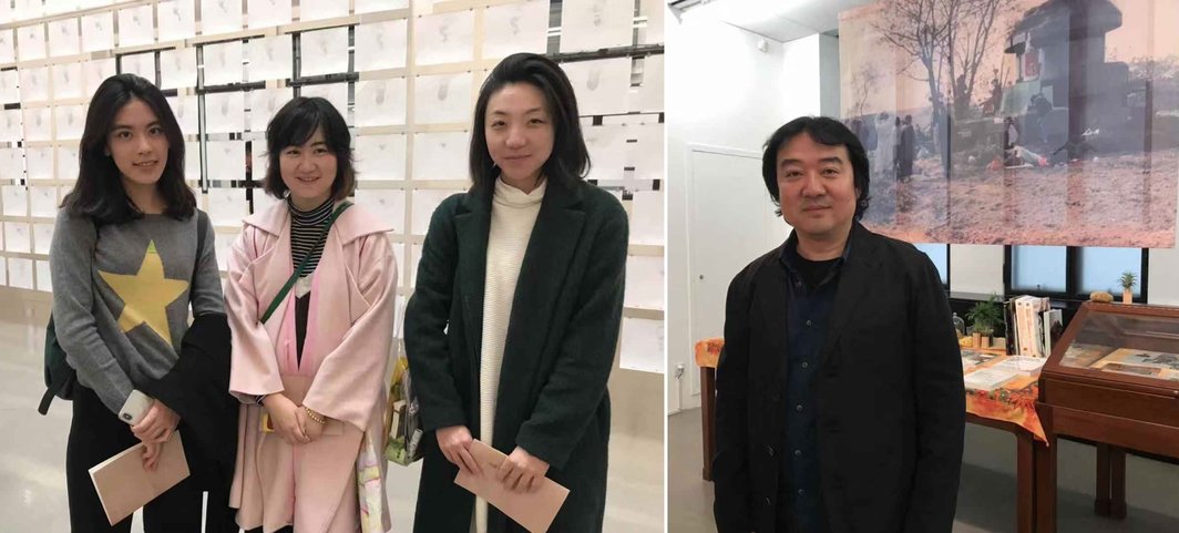 左：艺术家刘娃、叶甫纳和新时线媒体艺术中心的毕昕；右：艺术家宋冬.