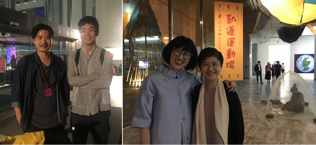 左：艺术家张硕尹和艺术家朱骏腾；右：台北市立美术馆馆长林平与高雄市立美术馆馆长李玉玲.