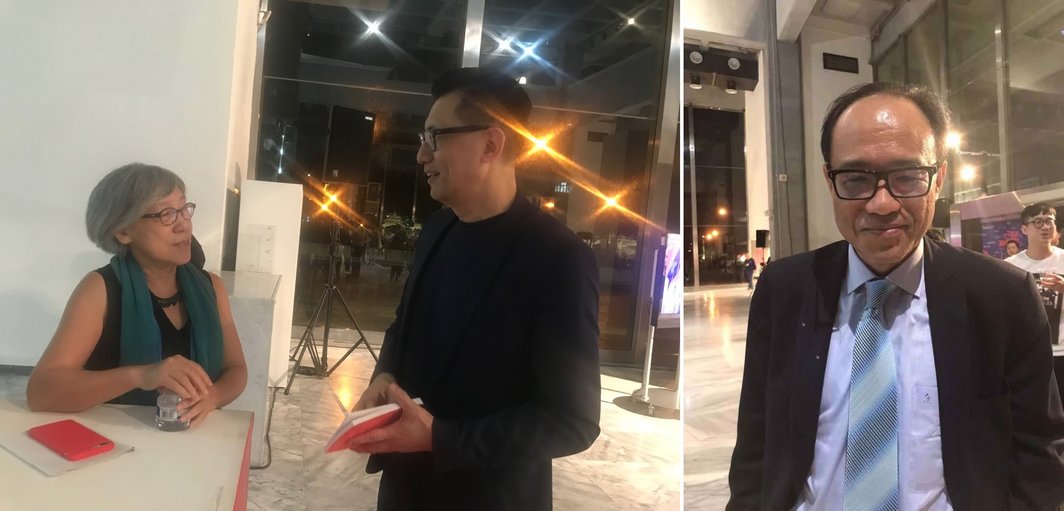 左：第十一届台北双年展策展人吴玛悧与艺术家及策展人王俊杰；右：国立台湾美术馆馆长林志明.