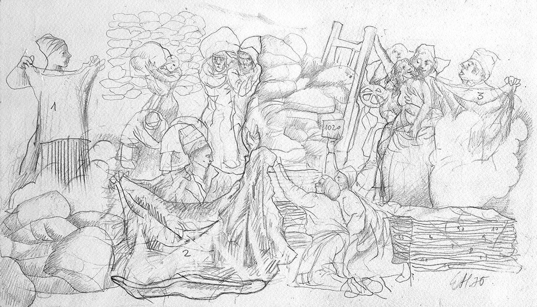 艾迪·希拉，《数麻袋》（Counting Sacks），1975，纸上碳笔，7 7⁄8 × 13 1⁄2".