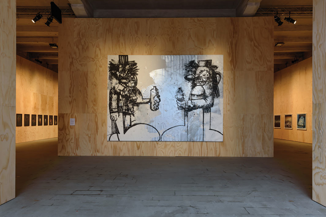 乔治·康多，《双重猫王》，2019，亚麻布上丙烯、打底剂、金属漆、颜料棒. 军械库展览现场. 摄影：Andrea Avezzù.