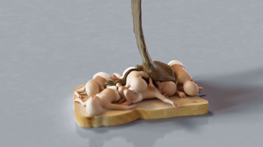 埃德·阿特金斯，《无题》，2018，高清录像，彩色有声，时长16分钟. 选自“老食物”系列，2017–19. 军械库展场.