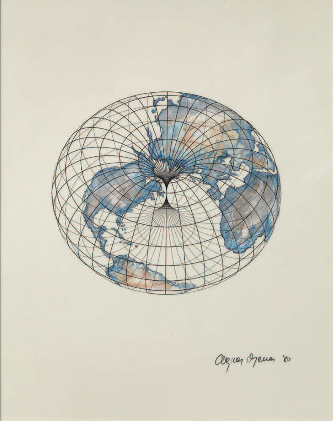 阿格尼丝·丹尼斯，《在等向空间中的等轴系统——地图投影：甜甜圈（正切环形曲面）》，1980，纸面墨水和水粉颜料、聚酯薄膜，17 × 14". 选自“在等向空间中的等轴系统——地图投影”系列，1973—80.